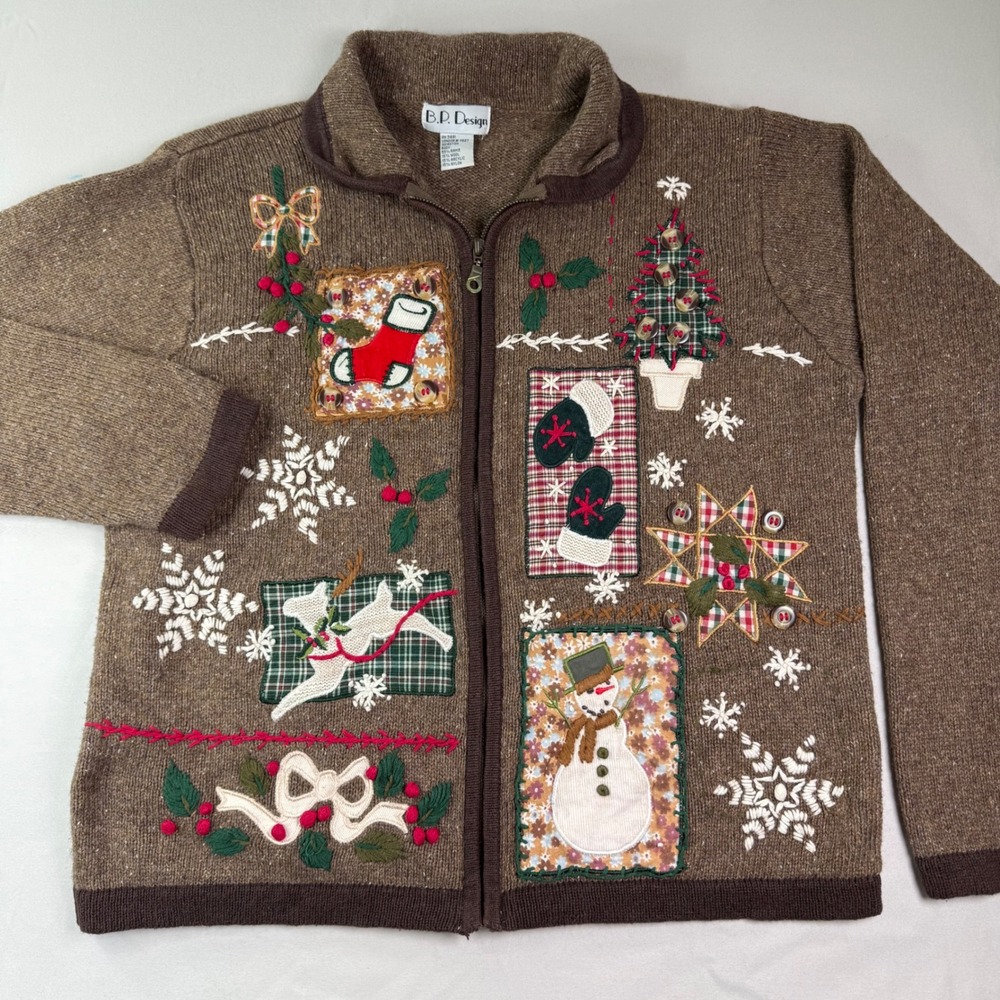 BP Design Vintage Christmas Cardigan Sweater Brown Wool Blend Zip Holiday Medium